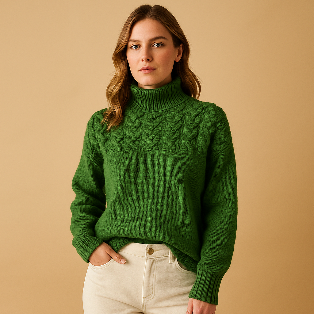 Long turtleneck knit sweater for women with elongated fit, soft collar, and timeless design. Perfect for casual and formal winter outfits.