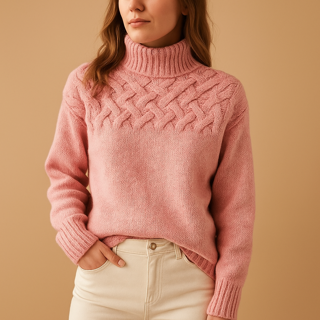Long turtleneck knit sweater for women with elongated fit, soft collar, and timeless design. Perfect for casual and formal winter outfits.