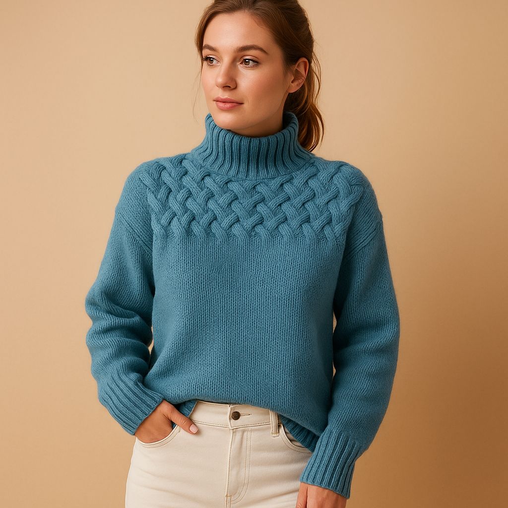 Long turtleneck knit sweater for women with elongated fit, soft collar, and timeless design. Perfect for casual and formal winter outfits.