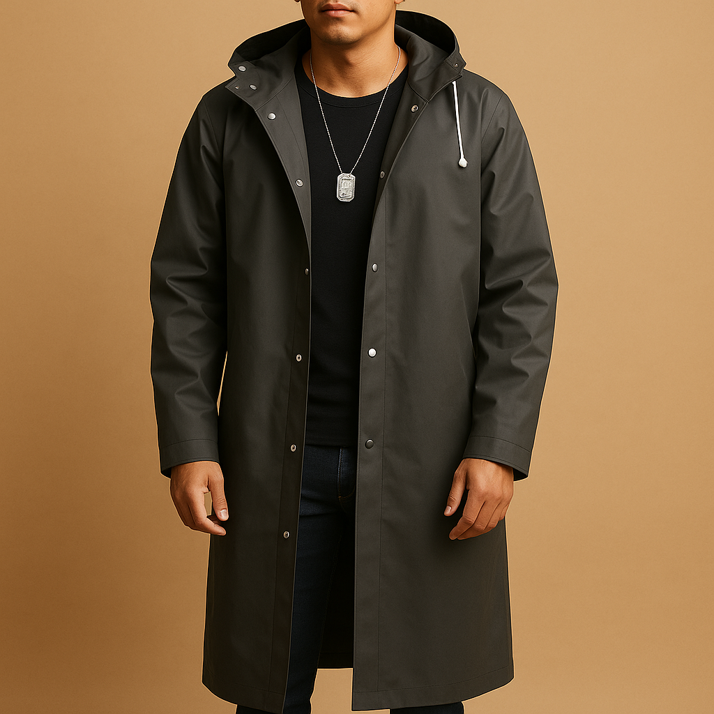 Men’s long waterproof rain jacket in durable EVA with extended cut, black color, and comfortable fit for outdoor activities.