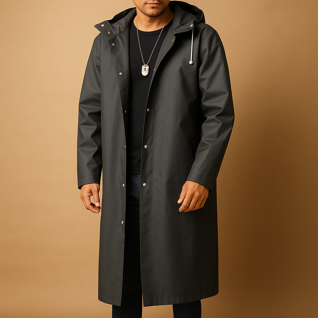 Men’s long waterproof rain jacket in durable EVA with extended cut, black color, and comfortable fit for outdoor activities.