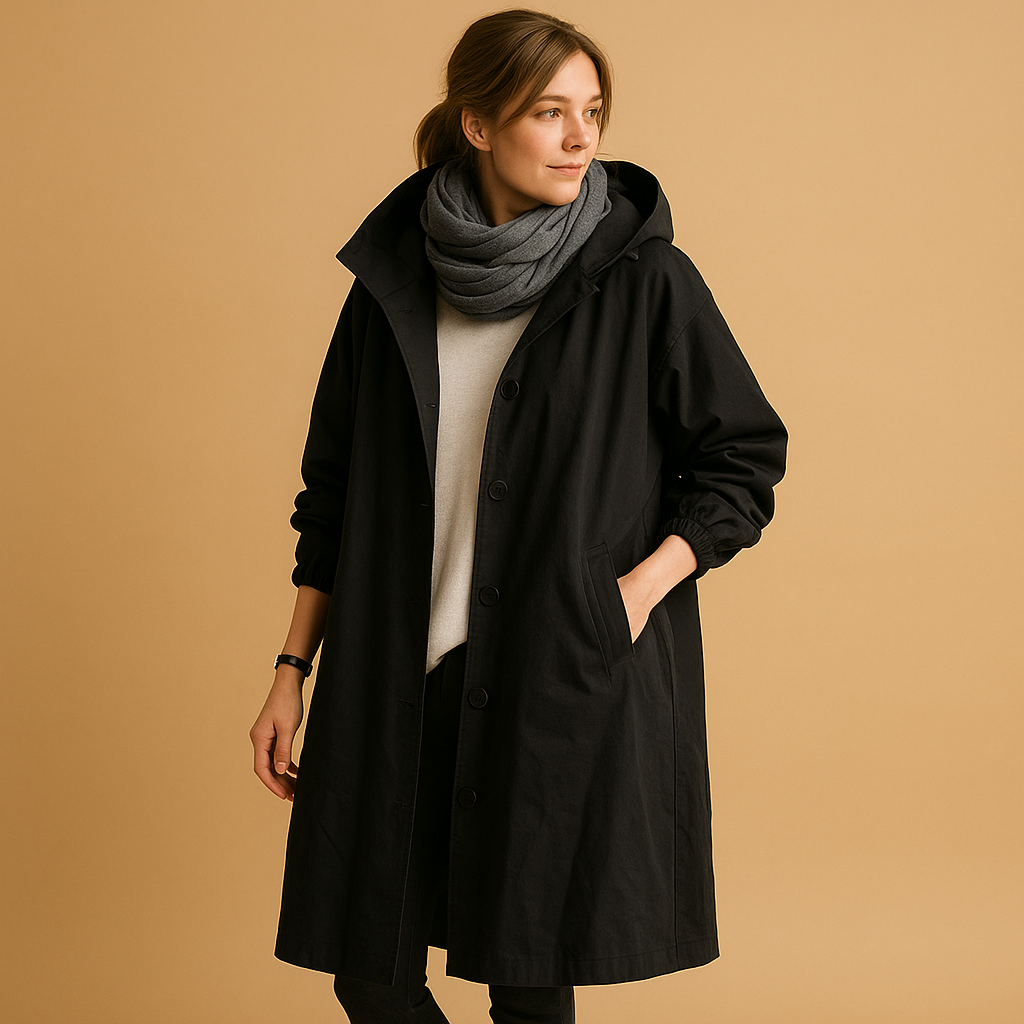 Women’s long waterproof raincoat with breathable fabric, adjustable waist, removable hood, and belt. Available in Green, Beige, and Black.