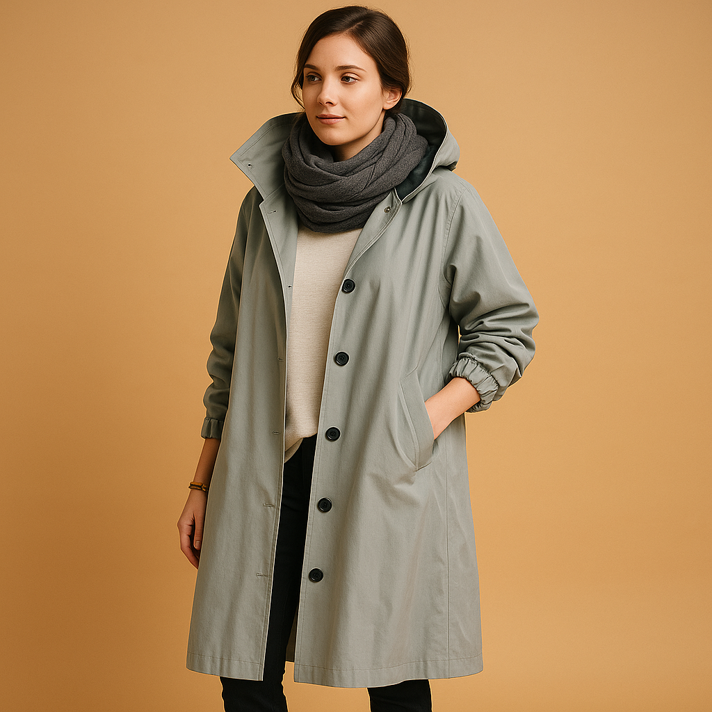 Women’s long waterproof raincoat with breathable fabric, adjustable waist, removable hood, and belt. Available in Green, Beige, and Black.