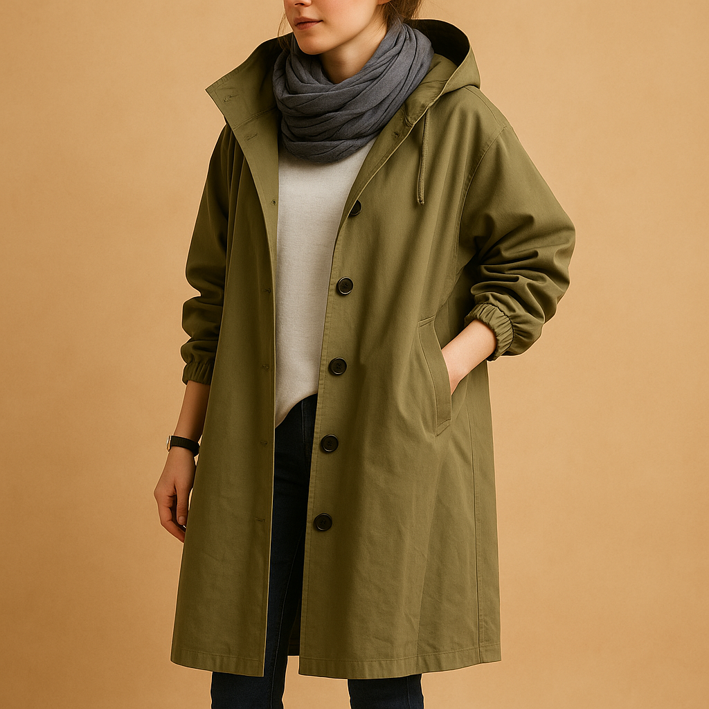 Women’s long waterproof raincoat with breathable fabric, adjustable waist, removable hood, and belt. Available in Green, Beige, and Black.