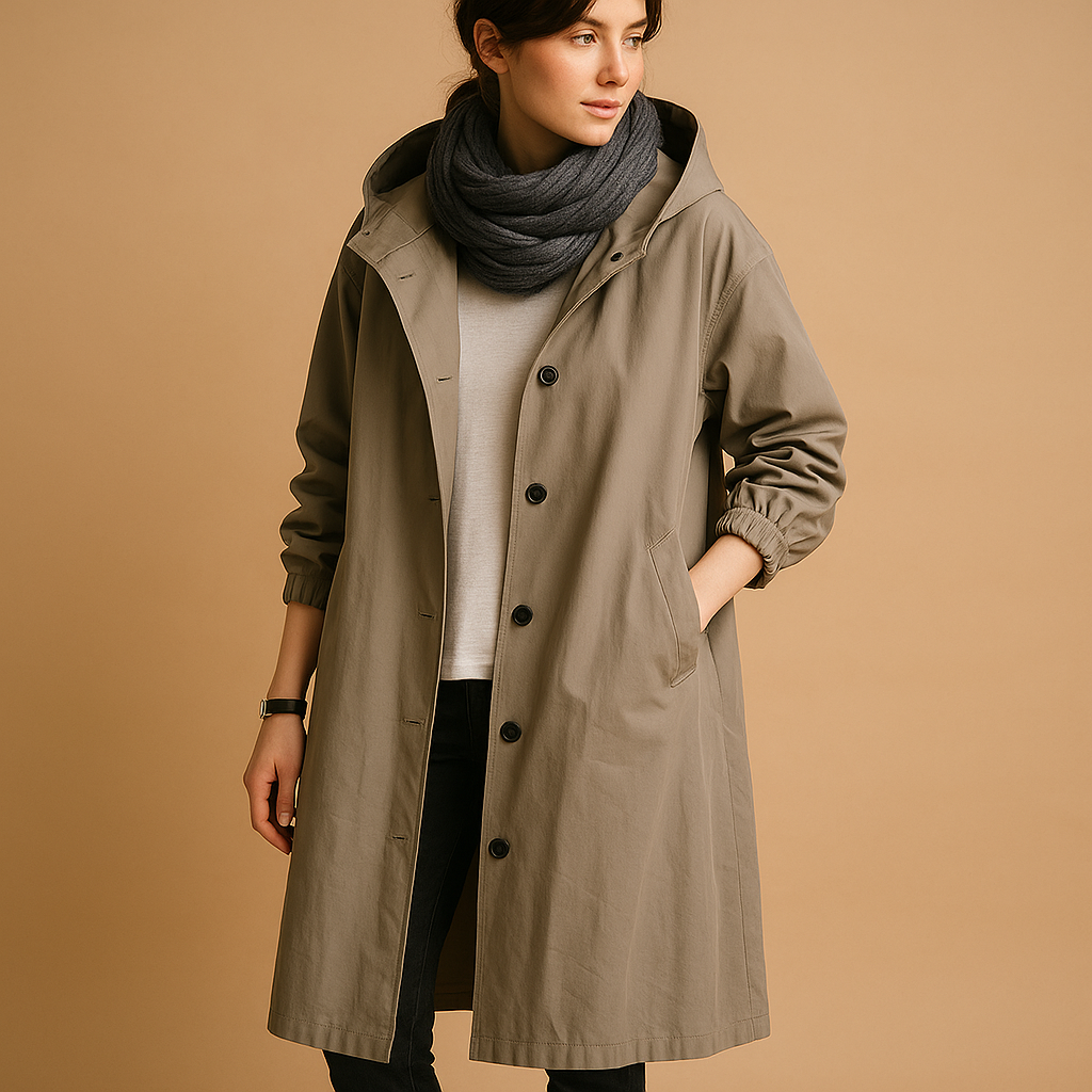 Women’s long waterproof raincoat with breathable fabric, adjustable waist, removable hood, and belt. Available in Green, Beige, and Black.