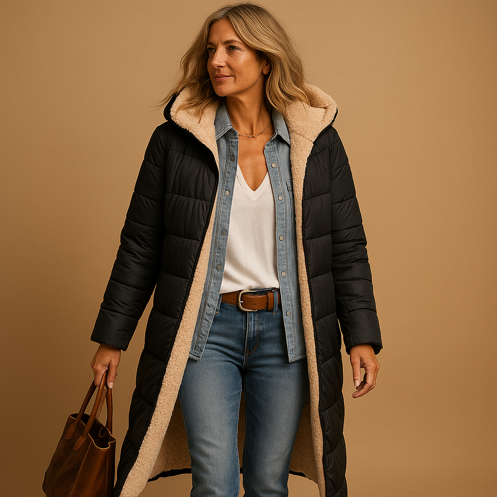 Women’s long winter coat with modern cut, premium insulation, and comfortable fit. Available in Black, Beige, and Dark Blue for timeless cold-weather style.