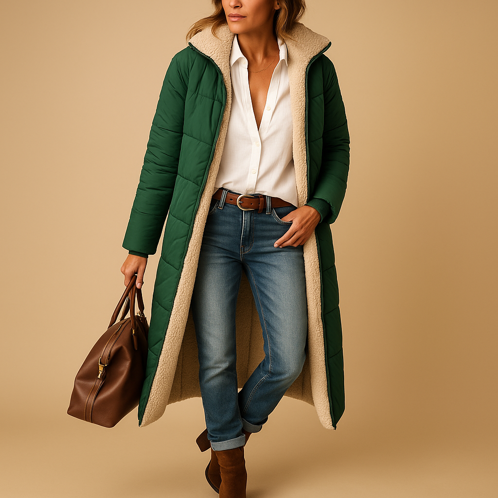 Women’s long winter coat with modern cut, premium insulation, and comfortable fit. Available in Black, Beige, and Dark Blue for timeless cold-weather style.