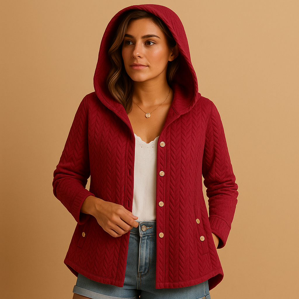 Long winter coat for women with hood, button closure, and extended fit. Made from durable warm fabric in elegant seasonal colors.