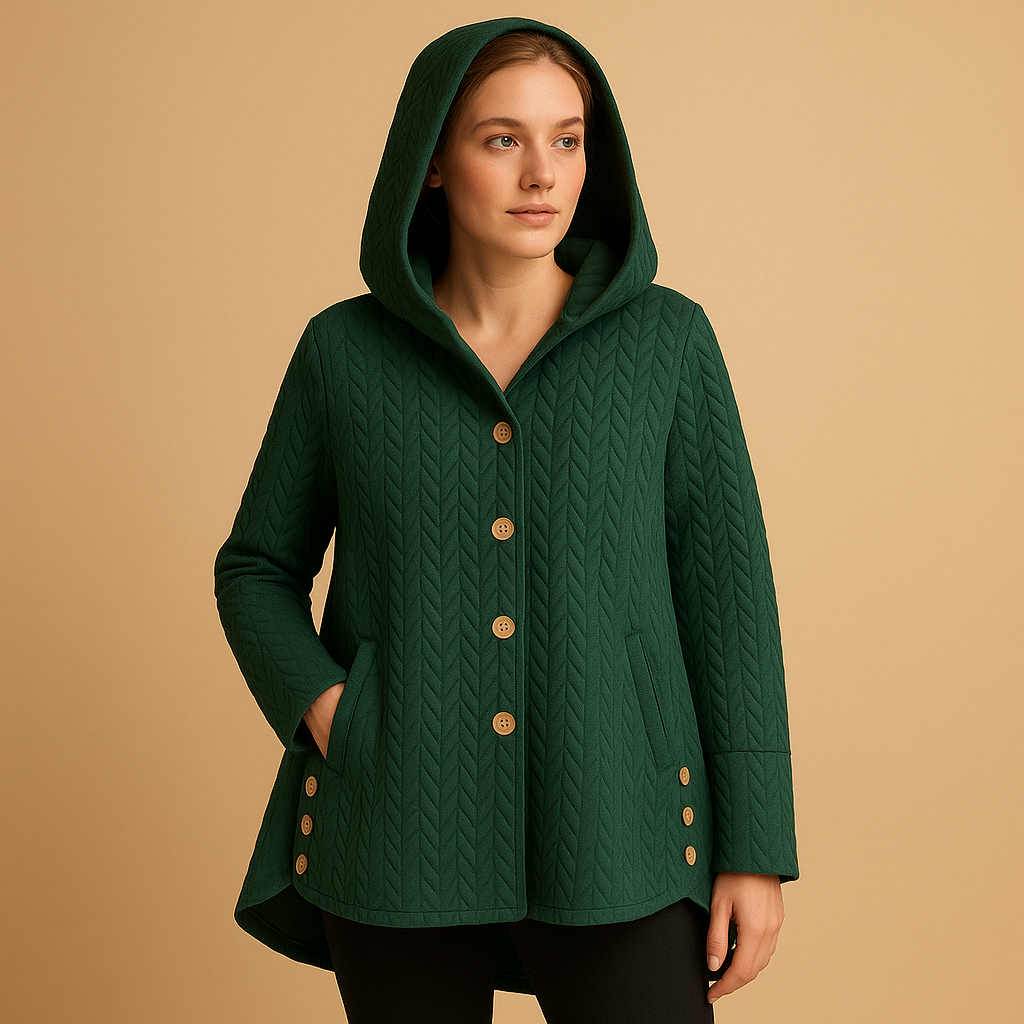 Long winter coat for women with hood, button closure, and extended fit. Made from durable warm fabric in elegant seasonal colors.
