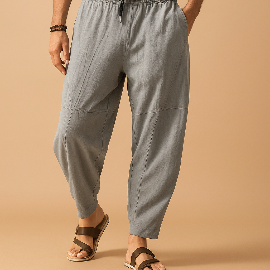 Men’s loose cotton pants Marcus in grey, white, blue, garnet, beige, or black. Breathable and relaxed fit, perfect for casual outfits and warm days.