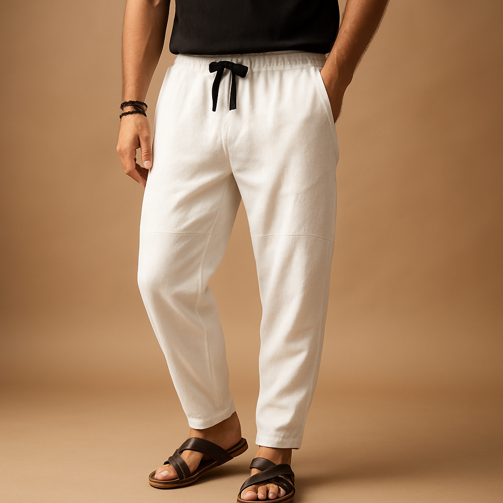 Men’s loose cotton pants Marcus in grey, white, blue, garnet, beige, or black. Breathable and relaxed fit, perfect for casual outfits and warm days.