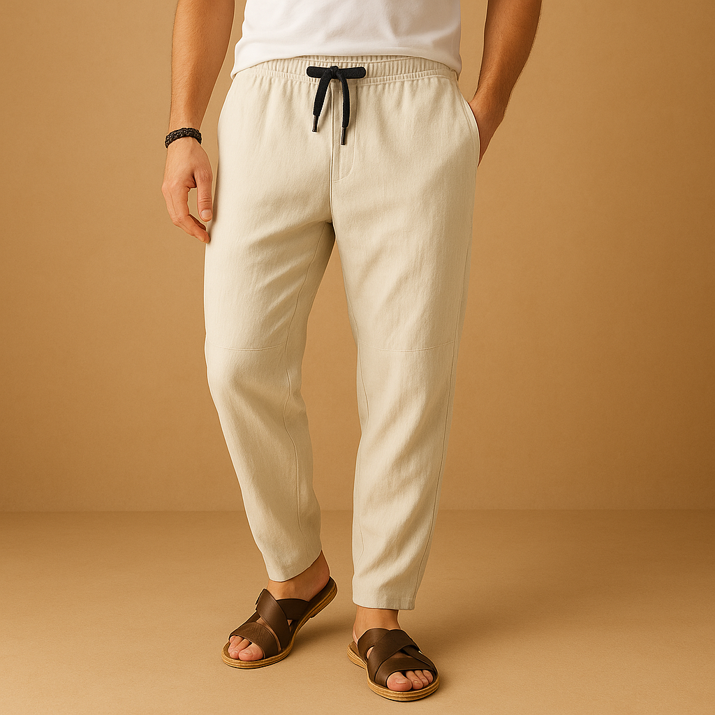 Men’s loose cotton pants Marcus in grey, white, blue, garnet, beige, or black. Breathable and relaxed fit, perfect for casual outfits and warm days.