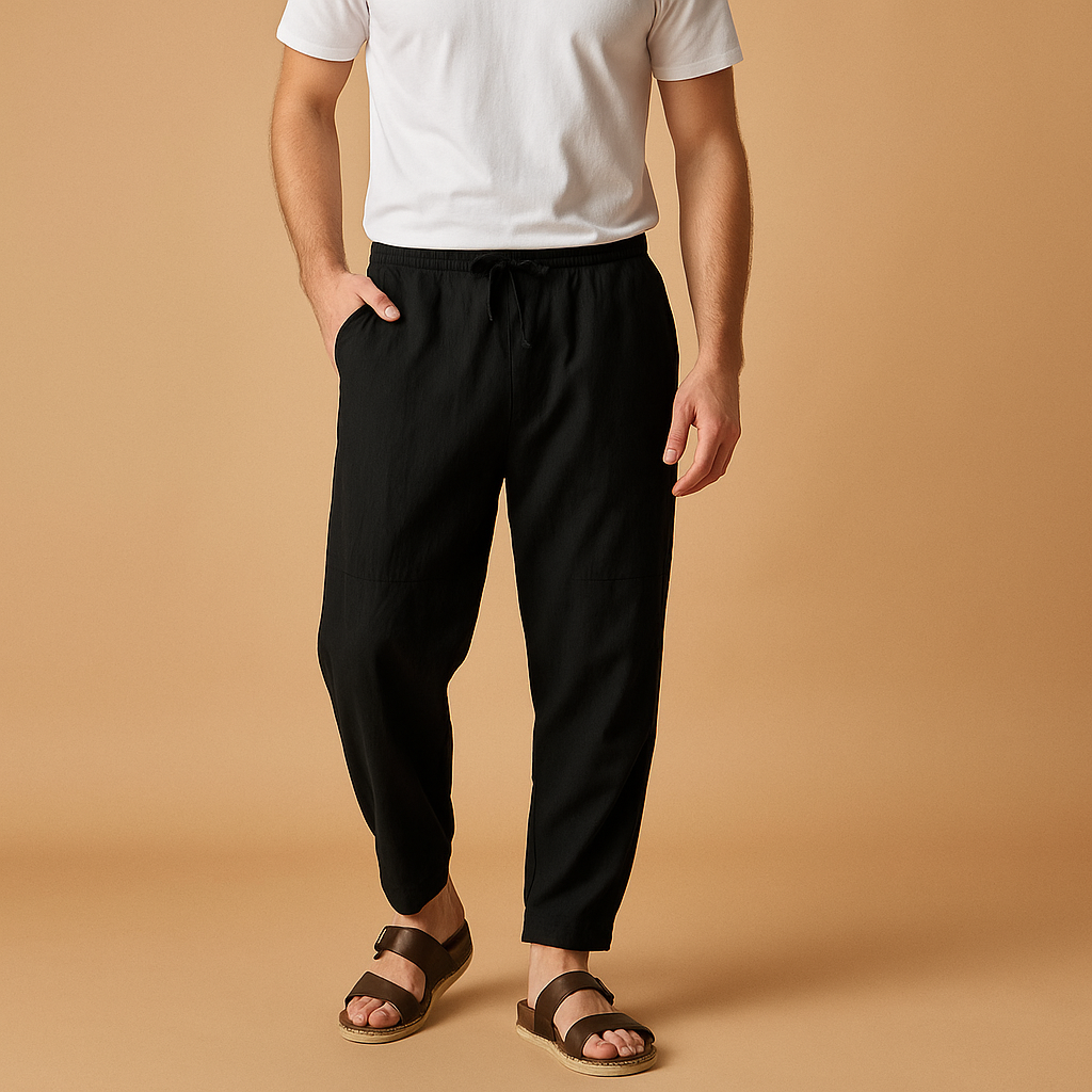 Men’s loose cotton pants Marcus in grey, white, blue, garnet, beige, or black. Breathable and relaxed fit, perfect for casual outfits and warm days.