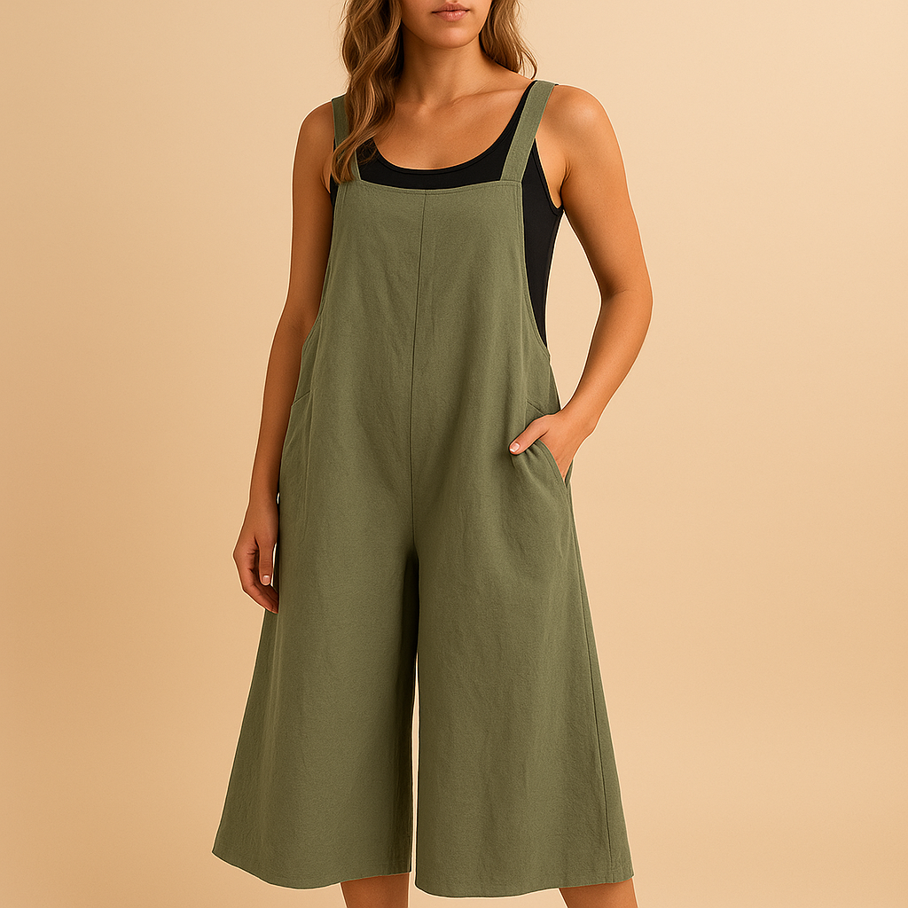 Women’s loose summer jumpsuit with wide legs in black & white, green & black, and dark blue & white, perfect for casual outings and warm days.