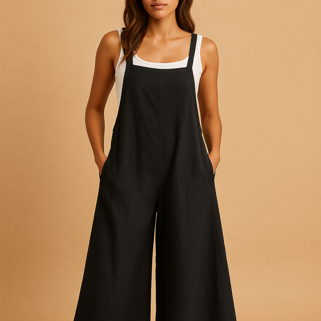 Women’s loose summer jumpsuit with wide legs in black & white, green & black, and dark blue & white, perfect for casual outings and warm days.
