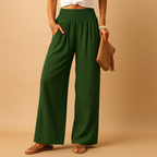 Women’s loose summer pants with elastic waistband and wide straight legs, lightweight breathable fabric, perfect for casual summer days.