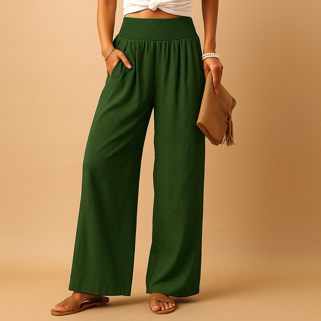 Women’s loose summer pants with elastic waistband and wide straight legs, lightweight breathable fabric, perfect for casual summer days.