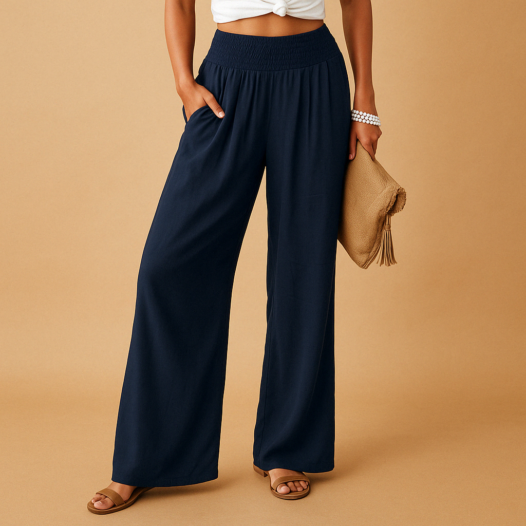 Women’s loose summer pants with elastic waistband and wide straight legs, lightweight breathable fabric, perfect for casual summer days.
