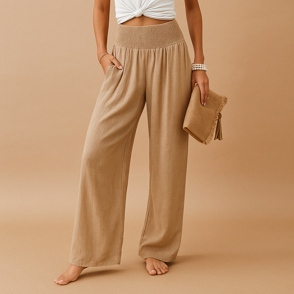 Women’s loose summer pants with elastic waistband and wide straight legs, lightweight breathable fabric, perfect for casual summer days.