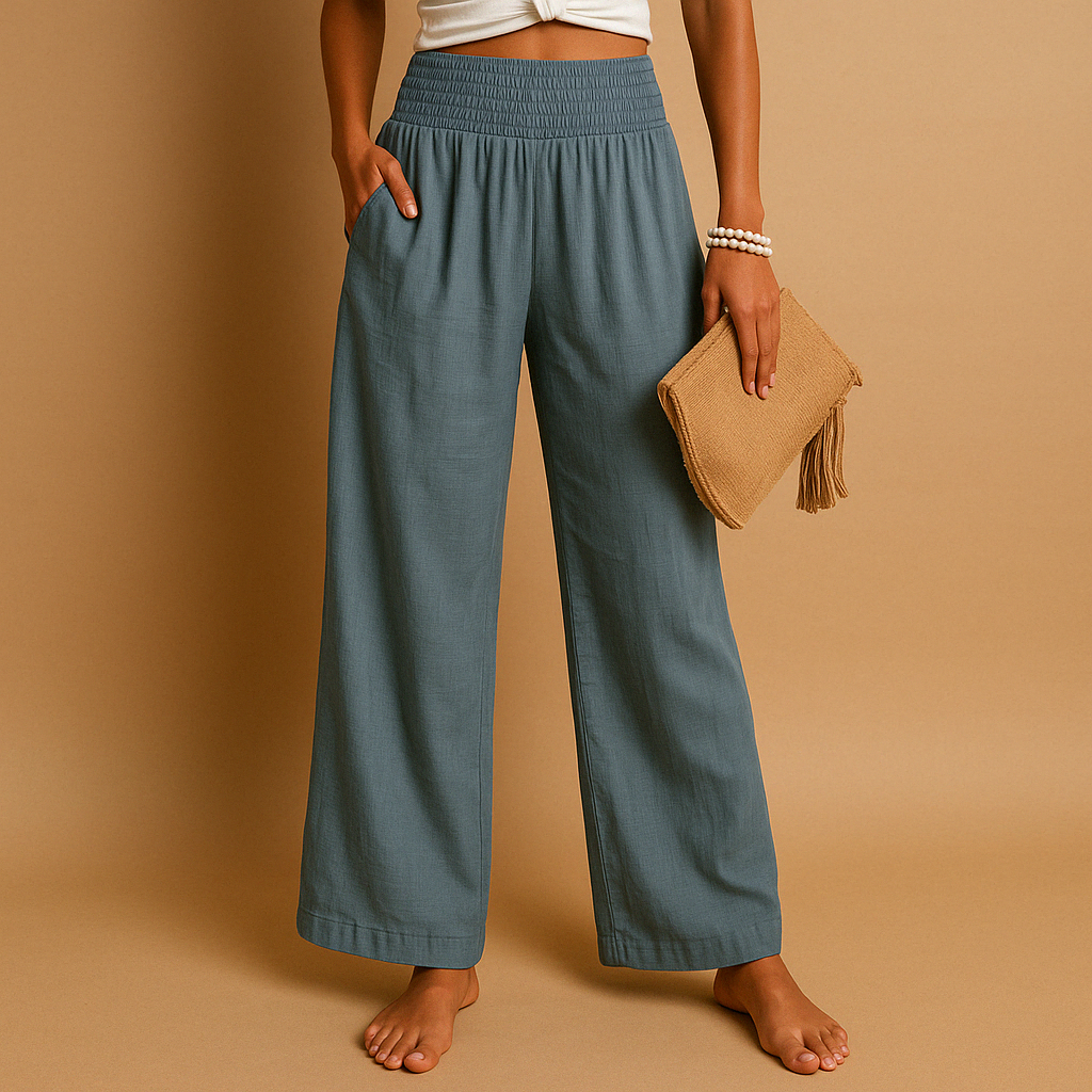 Women’s loose summer pants with elastic waistband and wide straight legs, lightweight breathable fabric, perfect for casual summer days.
