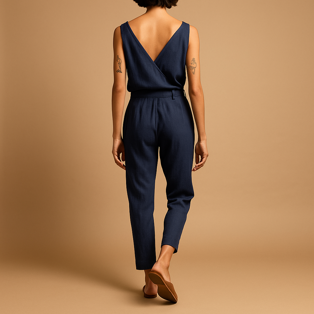 Loose fit V-neck jumpsuit for women with adjustable waist and flowy design, perfect for summer days, beach outings, and everyday comfort.