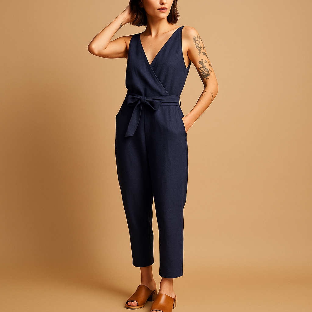 Loose fit V-neck jumpsuit for women with adjustable waist and flowy design, perfect for summer days, beach outings, and everyday comfort.