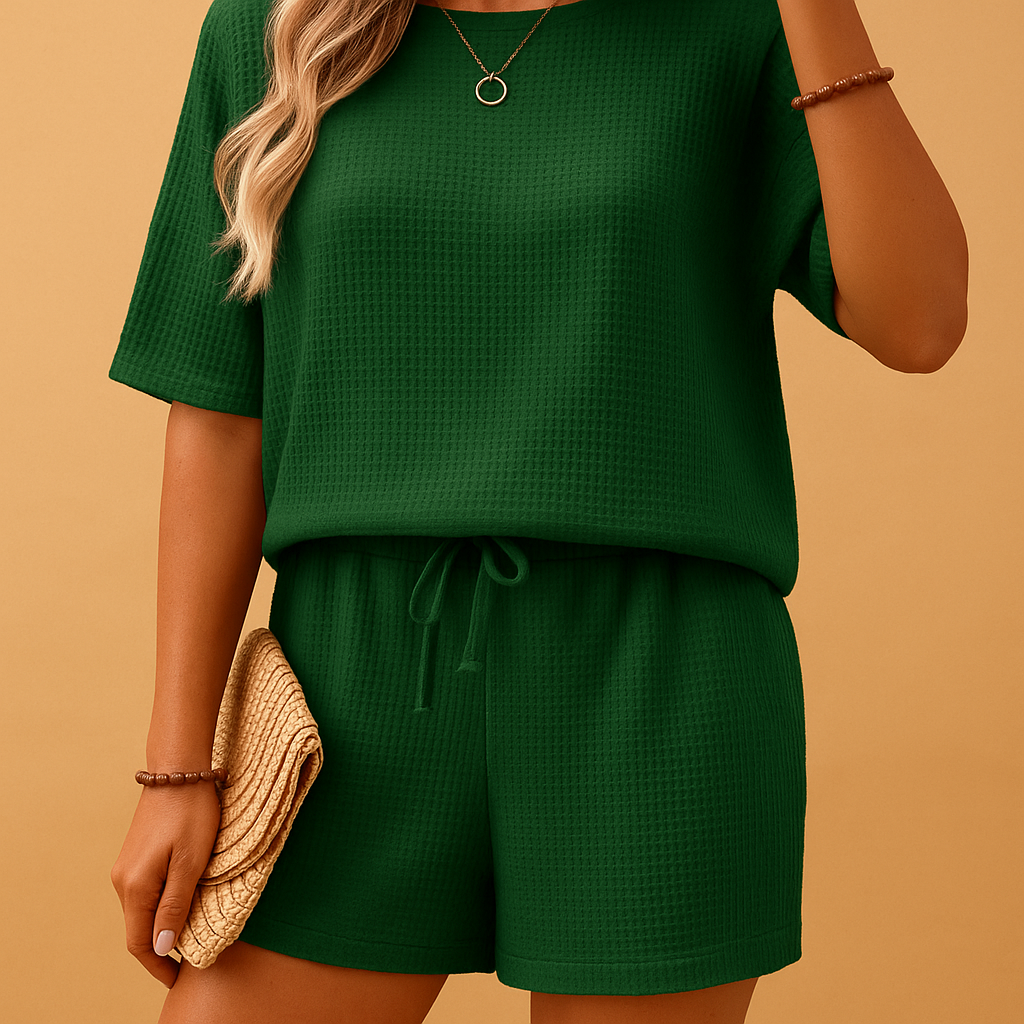 Women’s loungewear set with round-neck top and elastic-waist shorts, relaxed fit, available in Black, Brown, Green, Blue, and Beige. Perfect for lounging or casual wear.