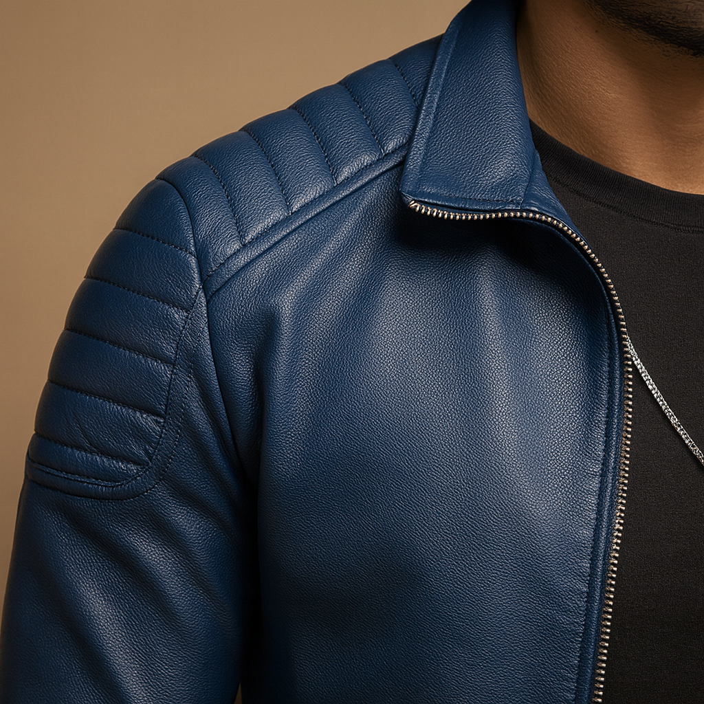 Men’s luxury biker jacket with soft breathable fabric and timeless design, perfect for both business outfits and casual wear.