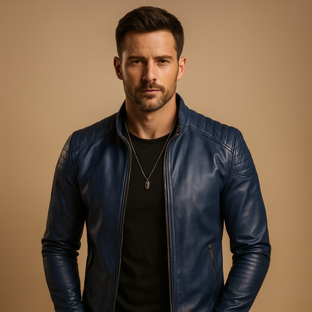 Men’s luxury biker jacket with soft breathable fabric and timeless design, perfect for both business outfits and casual wear.