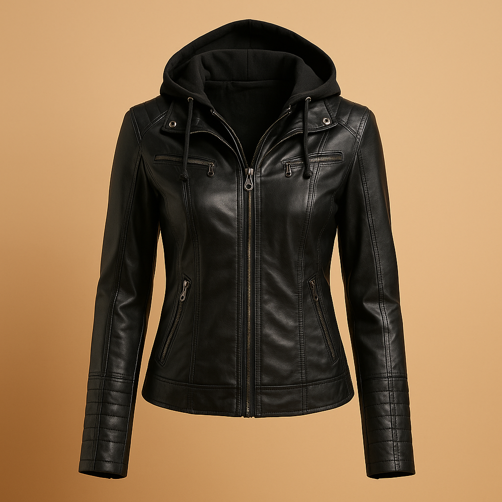 Women’s leather biker jacket in a timeless design, tailored fit, and versatile style for casual or formal outfits.