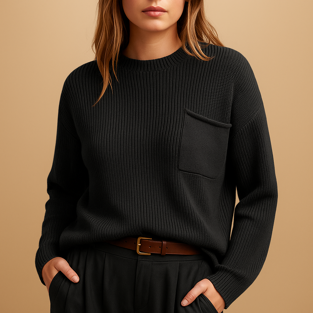 Minimalist knit sweater for women with relaxed fit and clean silhouette, perfect for casual days, office outfits, or layering with jeans and blouses.