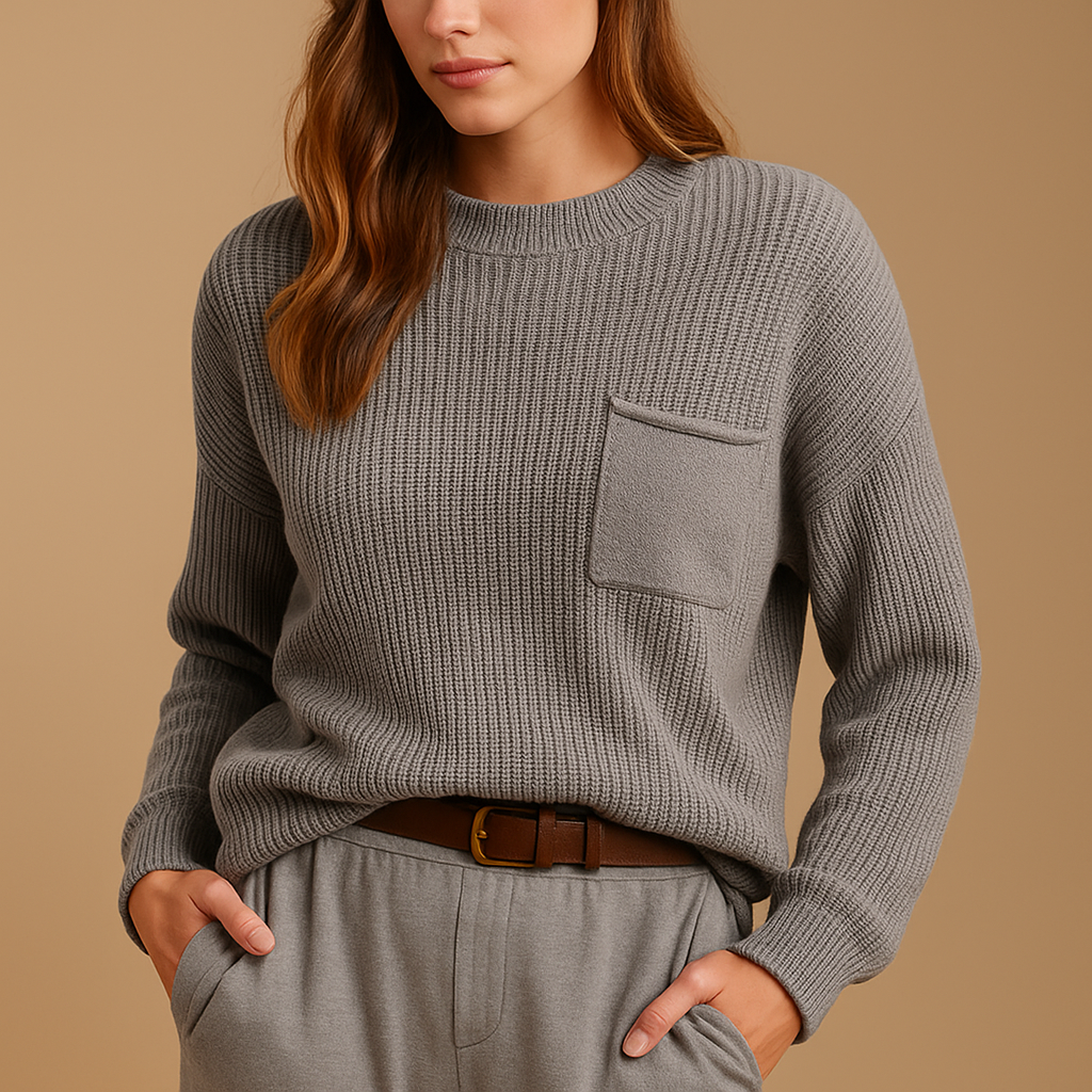 Minimalist knit sweater for women with relaxed fit and clean silhouette, perfect for casual days, office outfits, or layering with jeans and blouses.