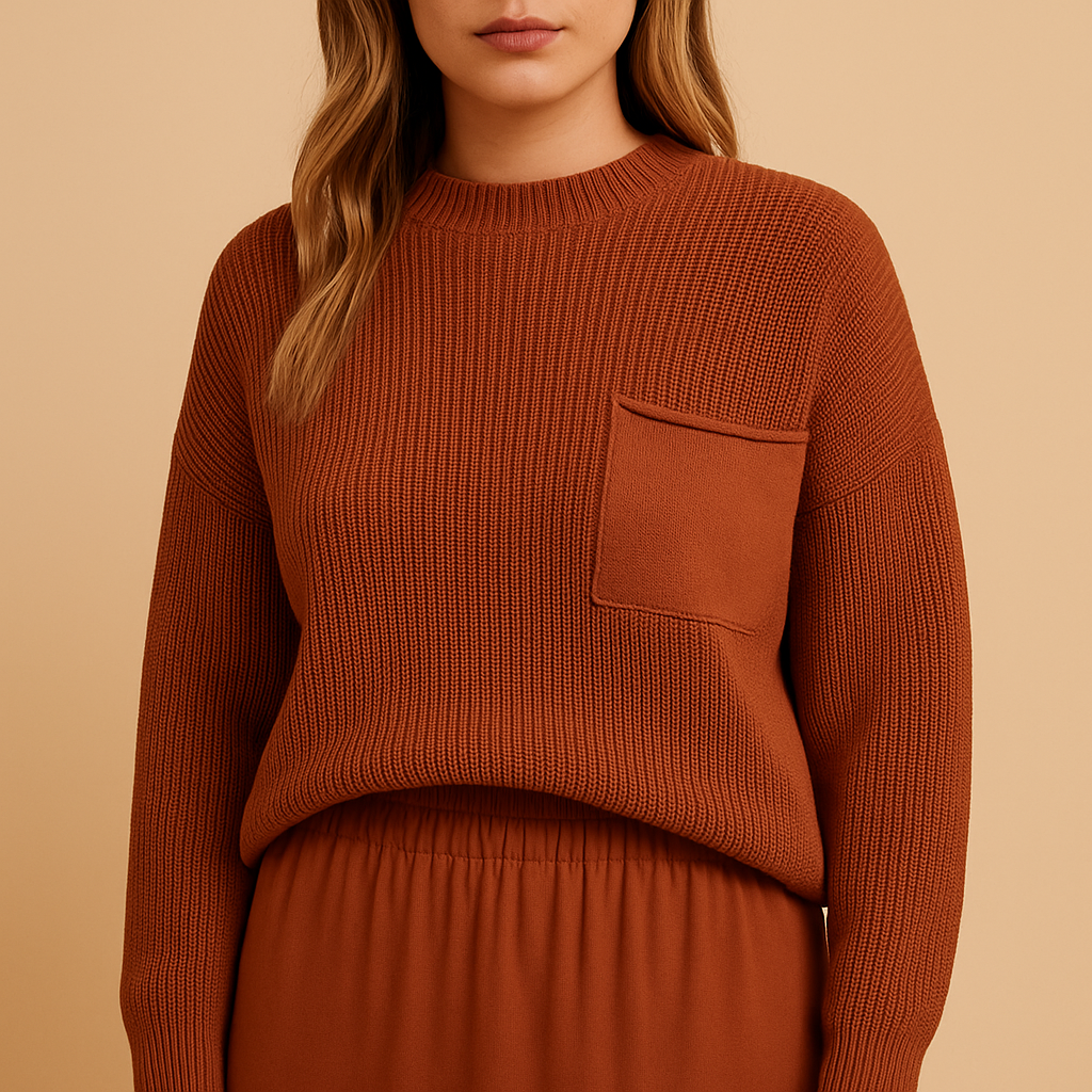 Minimalist knit sweater for women with relaxed fit and clean silhouette, perfect for casual days, office outfits, or layering with jeans and blouses.