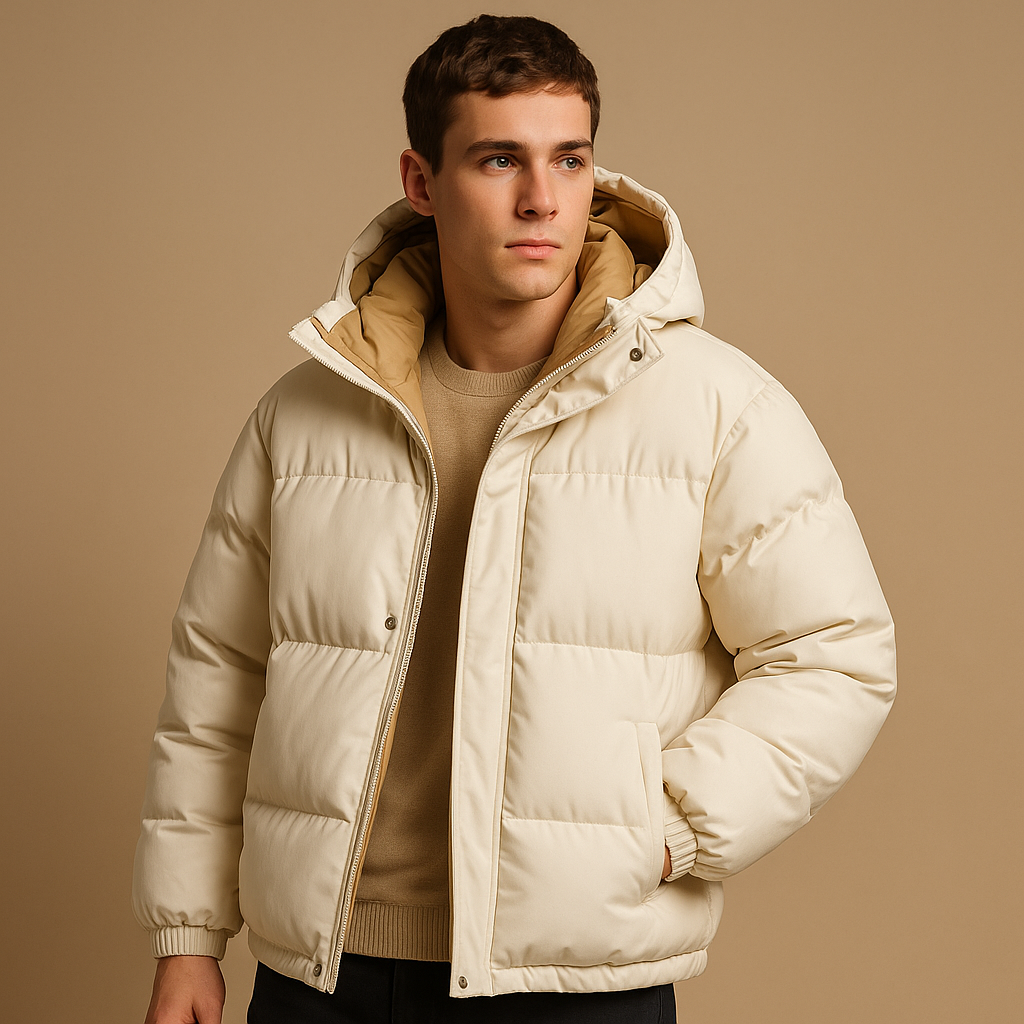 Men’s modern puffer jacket with hood, padded insulation, and sporty design. Lightweight, warm, and available in black, grey, and blue.