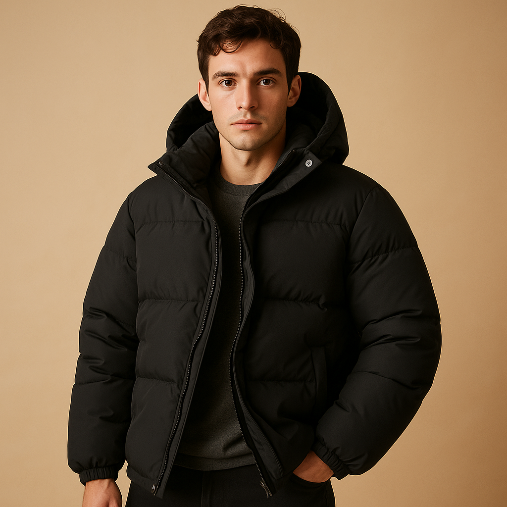 Men’s modern puffer jacket with hood, padded insulation, and sporty design. Lightweight, warm, and available in black, grey, and blue.