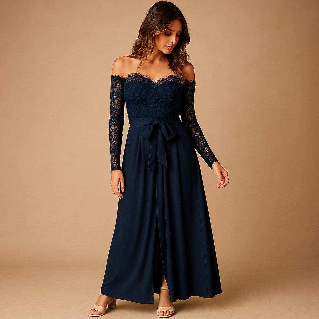 Elegant navy blue off-shoulder lace jumpsuit for women with wide-leg split design, perfect for galas, formal occasions, and evening events.