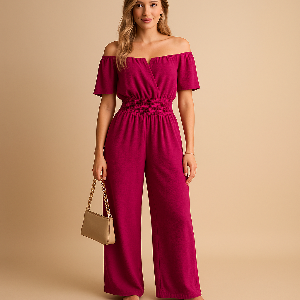 Elegant off-shoulder pleated jumpsuit for women with elastic waist and short sleeves, perfect for summer days, parties, and beach outings.
