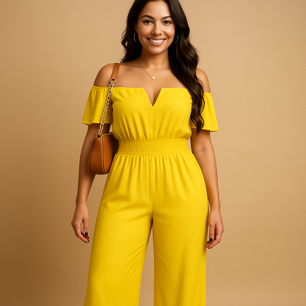 Elegant off-shoulder pleated jumpsuit for women with elastic waist and short sleeves, perfect for summer days, parties, and beach outings.