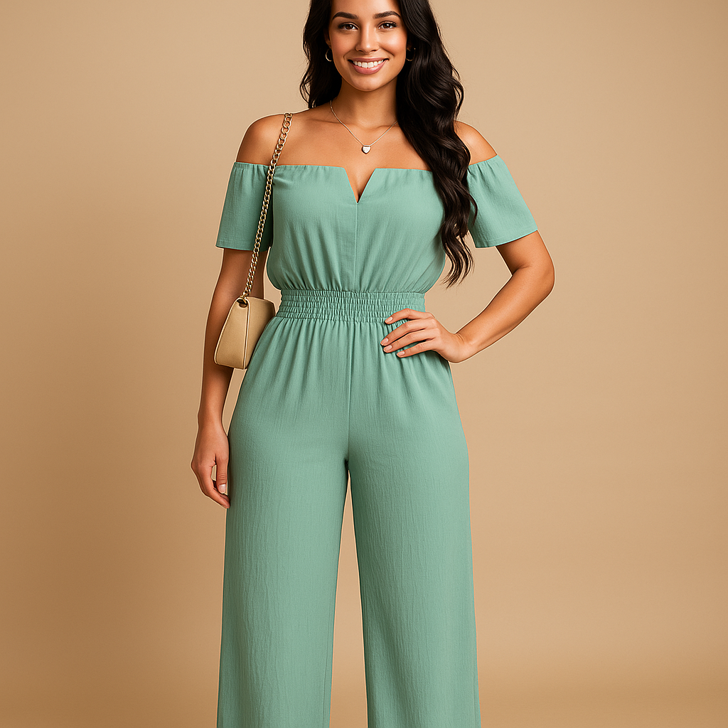 Elegant off-shoulder pleated jumpsuit for women with elastic waist and short sleeves, perfect for summer days, parties, and beach outings.