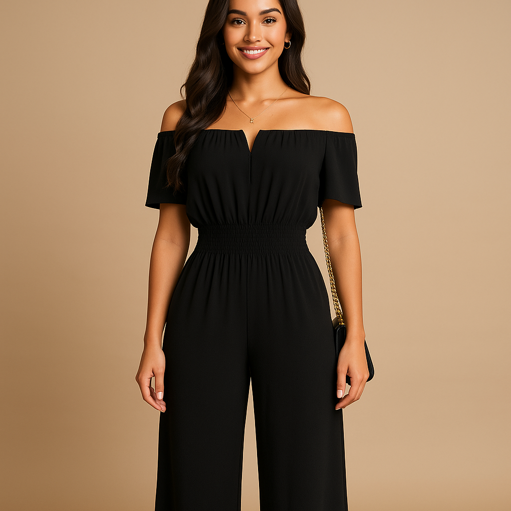 Elegant off-shoulder pleated jumpsuit for women with elastic waist and short sleeves, perfect for summer days, parties, and beach outings.