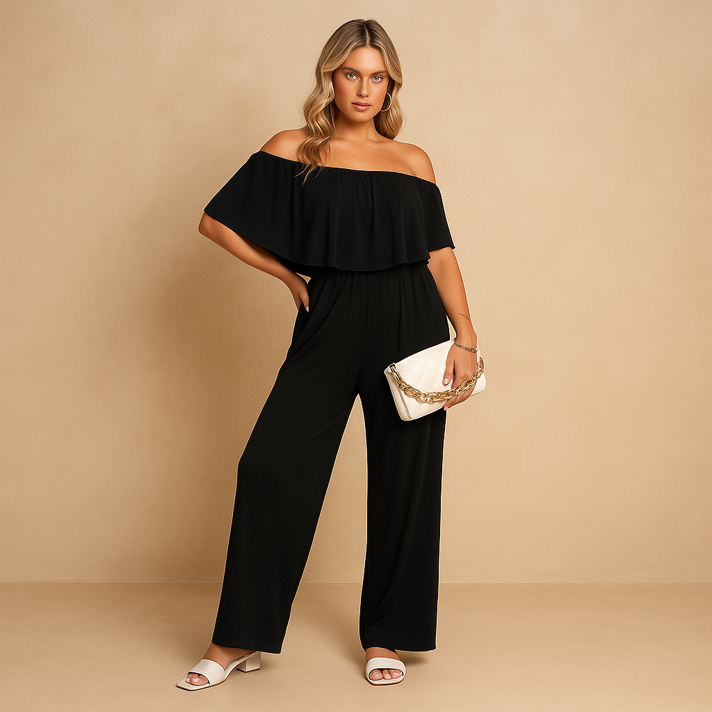 Women’s off-shoulder summer jumpsuit with loose silhouette in grey, blue, red, and black, perfect for garden parties, beach days, and casual outings.