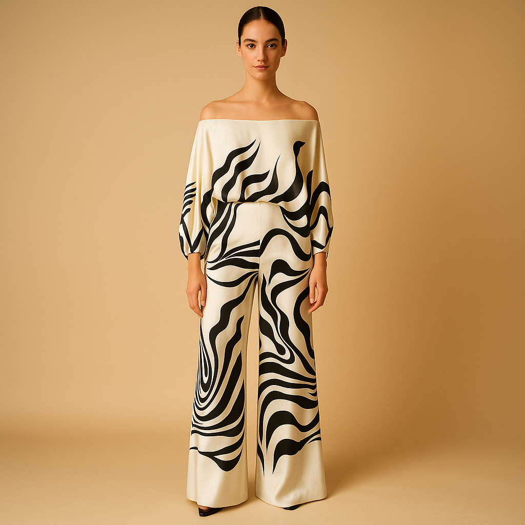 Women’s off-shoulder top with balloon sleeves and matching wide-leg pants, ideal for summer evenings, dinners, vacations, or office wear.