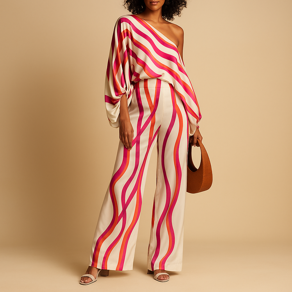 Women’s off-shoulder top with balloon sleeves and matching wide-leg pants, ideal for summer evenings, dinners, vacations, or office wear.