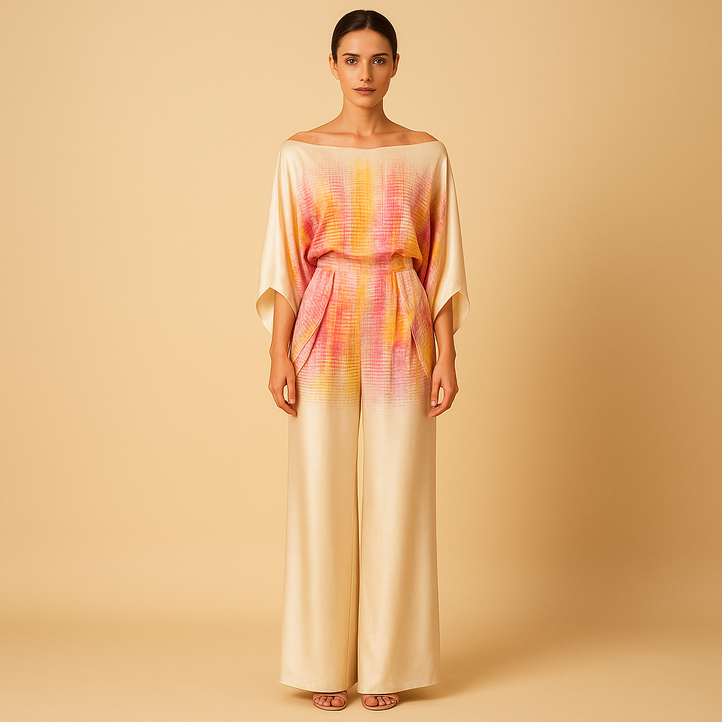 Women’s off-shoulder top with balloon sleeves and matching wide-leg pants, ideal for summer evenings, dinners, vacations, or office wear.
