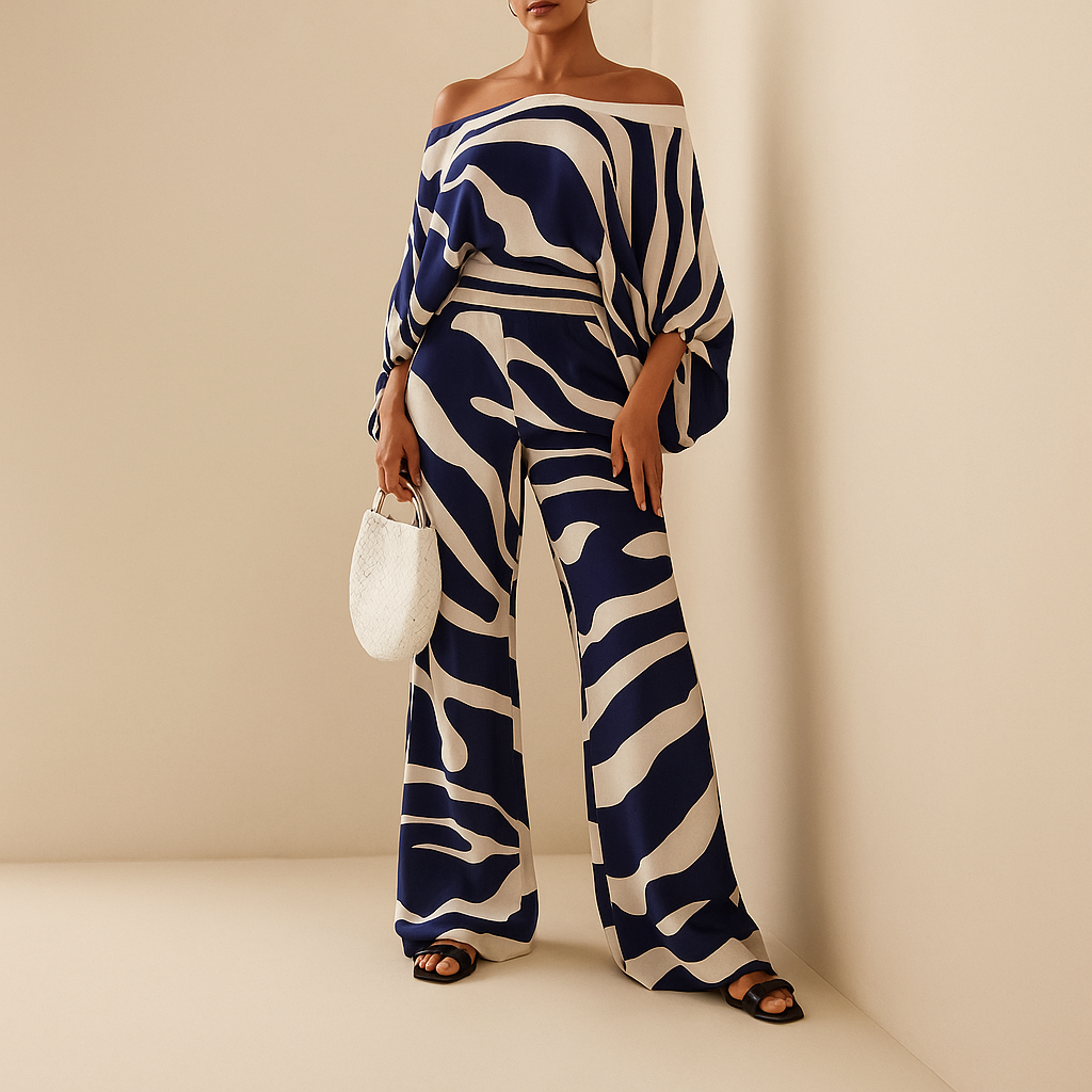 Women’s off-shoulder top with balloon sleeves and matching wide-leg pants, ideal for summer evenings, dinners, vacations, or office wear.