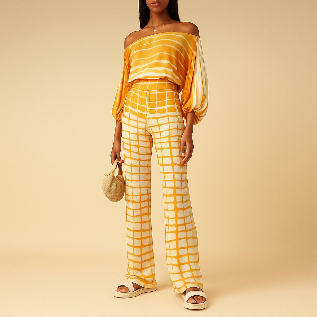 Women’s off-shoulder top with balloon sleeves and matching wide-leg pants, ideal for summer evenings, dinners, vacations, or office wear.