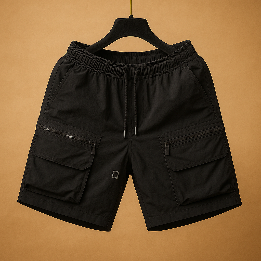 Men’s oversized cargo shorts Mason in lightweight quick-dry fabric with multiple pockets, available in brown, black, army green, white, and purple.