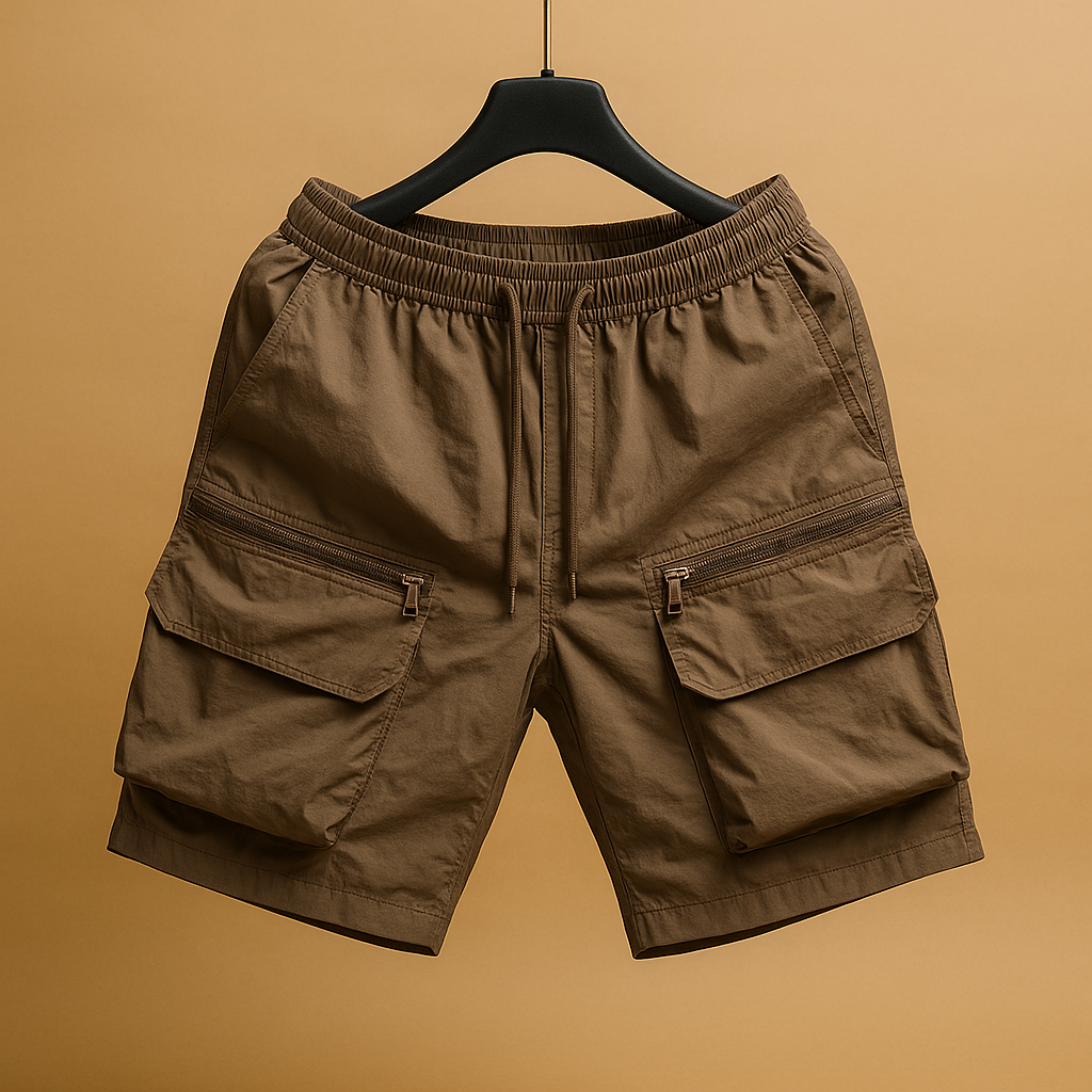 Men’s oversized cargo shorts Mason in lightweight quick-dry fabric with multiple pockets, available in brown, black, army green, white, and purple.