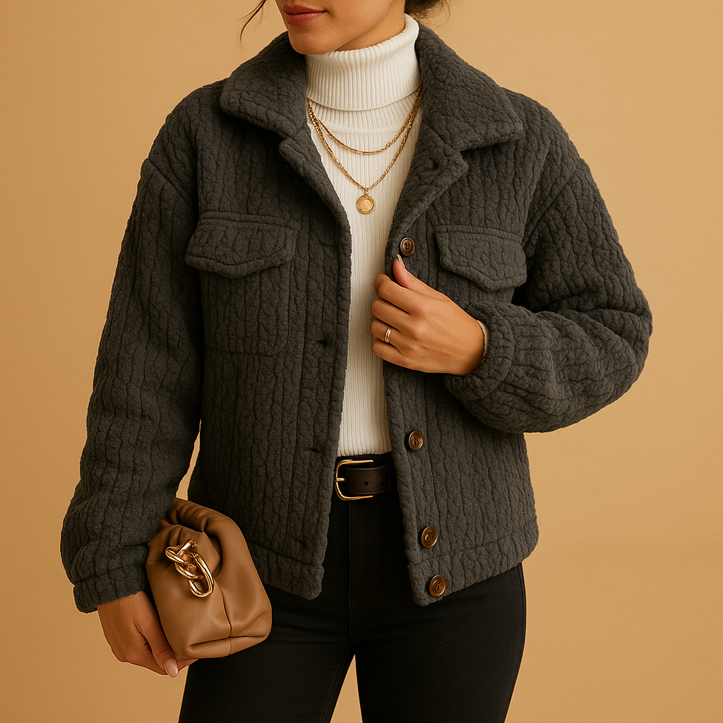 Oversized coat for women with boxy fit, soft fabric, pearl buttons, and neutral tones for chic layering and transitional outfits.