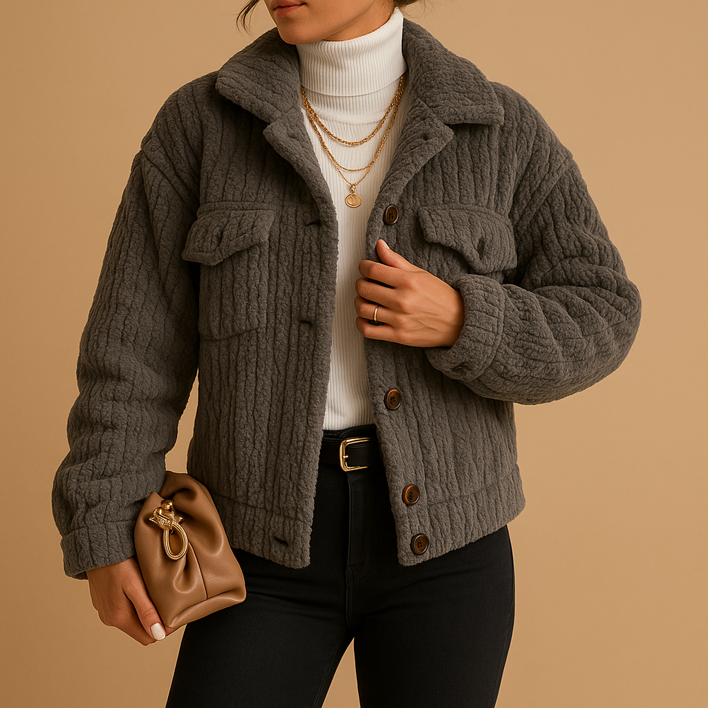 Oversized coat for women with boxy fit, soft fabric, pearl buttons, and neutral tones for chic layering and transitional outfits.